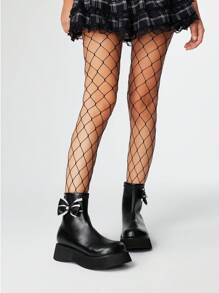 ROMWE Grunge Punk 2.0in Heel Lace Bow Round Toe Zipper Back Punk Style Leather Platform Ankle Boots, Casual Thick Sole Ankle Boots For Women - Black - View 2