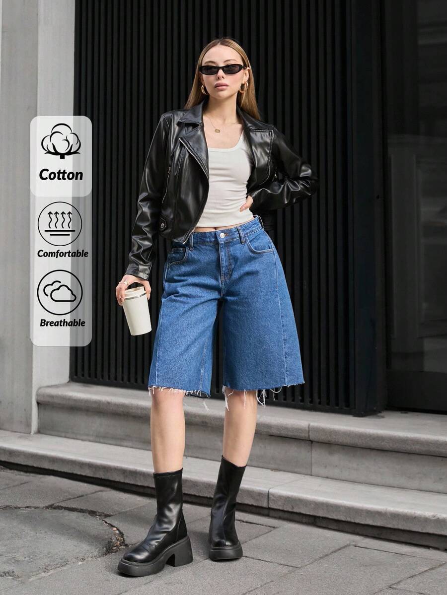 RueChic Low Waist Side Pleat Detailed Denim Short - Medium Wash - View 1