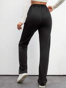 SHEIN Tall Cotton Contrast Piping Drawstring Waist Sweatpants - Black - View 2