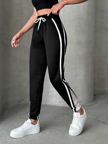 EURMUSE 95% Cotton Cottnline Drawstring Pocket Side Stripe Striped Sweatpants - Black - View 5