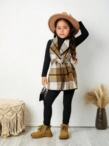 Emery Rose Kids Emery Rose Kids 3pcs/Set Young Girls Urban Fashion Plaid Jacket, Long Sleeve T-Shirt, Pants Set, Suitable For Casual Outings, Parties, Vacations And Other Occasions, Autumn/Winter Toddler Girl Birthday Girl Mommy And Me Matching Halloween Back To School Pink Autumn Fall Sister, Halloween Girls Checkered Outfit Girl Fall Winter Clothes Girls Fall Outfit Sets Girls Plaid Set Two Piece Kids Set Plaid Kids Winter Dresses - Khaki - View 8