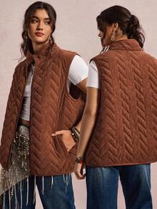 Freevana Plus Size Solid Color Front Zip Sleeveless Pocket Casual Padded Zip Up Coat, Daily Wear Halloween Pumpkin Color Christmas Winter  New Year  Thanksgiving Brown - Brown - View 2