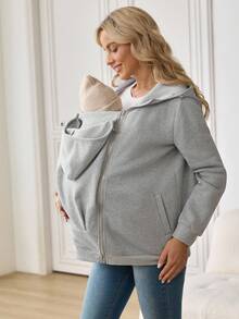 SHEIN 孕妇纯色长袖拉链连帽三合一休闲夹克