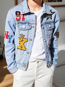 Coolqubz Tween Boy Casual Comfortable Vacation Fashion Street Cute Graffiti Embroidery Non-Stretch Long Sleeve Slim Fit Denim Jacket, Spring/Summer/Autumn. Fashionable Comfortable Daily Versatile Denim Jacket Fall Winter,Unisex - Light Wash - View 3