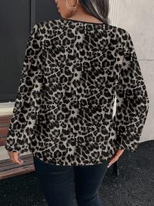 SHEIN Clasi 大码豹纹长袖休闲衬衫，适合秋夏季 - 灰色 - 查看 2