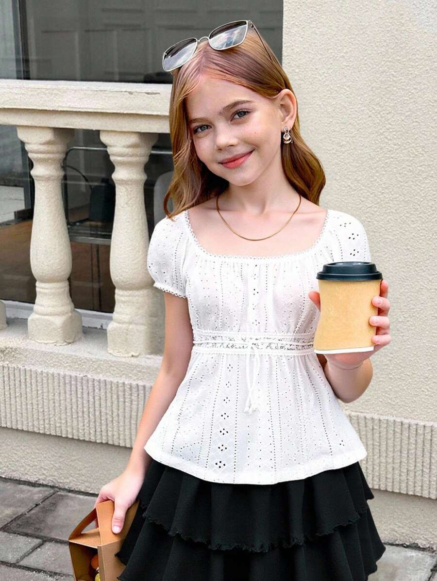 SHEIN Tween Girls Knit Textured Jacquard Ruched Ruffled Trim White Casual Blouse, Vacation/Country Style, Back-To-School, Sweet Top