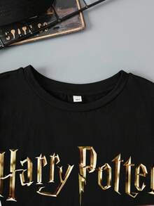 HARRY POTTER X SHEIN Camiseta de manga corta con gráfico de letras informal para niño preadolescente, adecuada para el verano - Negro - Ver 4