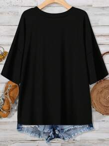 EMERY ROSE Versatile Gradient Heart Pattern Crew Neck Pocket Casual Loose T-Shirt, Suitable For Summer - Black - View 2