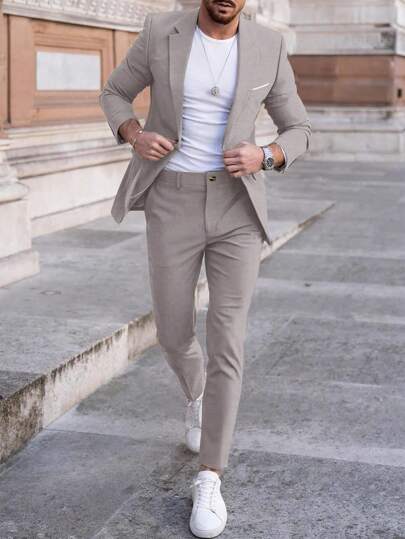Manfinity Mode Men Solid Color Lapel Neck Long Sleeve Blazer And Pants Suit Set Khaki