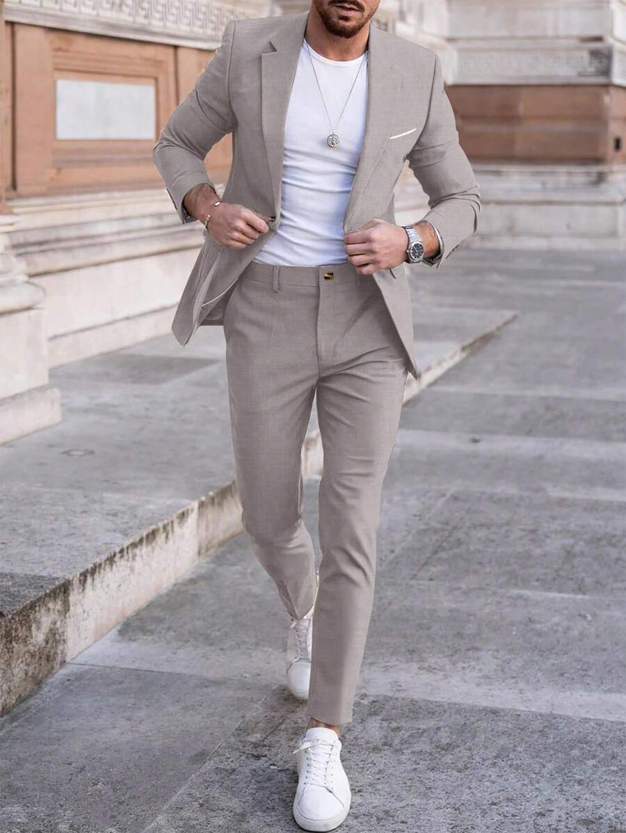 Manfinity Mode Conjunto de traje de hombre con blazer de cuello solapa y pantalones, de unicolor, de manga larga - Marrón - Ver 1