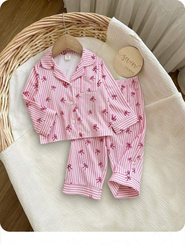 SHEIN 2pcs Baby Girl Casual Pink & White Striped Bow Decor Long Sleeve Top And Pants Homewear Set Fall Winter