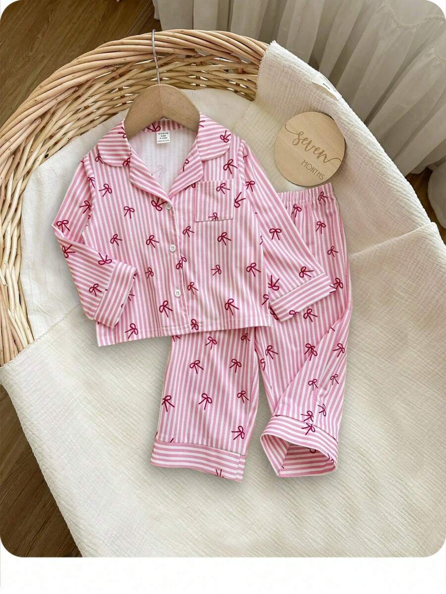 SHEIN 2pcs Baby Girl Casual Pink & White Striped Bow Decor Long Sleeve Top And Pants Homewear Set Fall Winter - Pink - View 1
