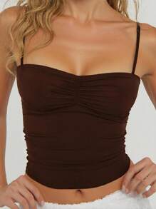 INAWLY Women's Summer Solid Color Ruched Slim Fit Cami Top - Coffee Brown - View 3