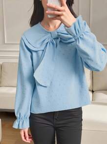 Tween Girl's Plain Peter Pan Collar Loose Cute Blouse, Long Sleeve,Holiday,Summer,Travel - Blue - View 4