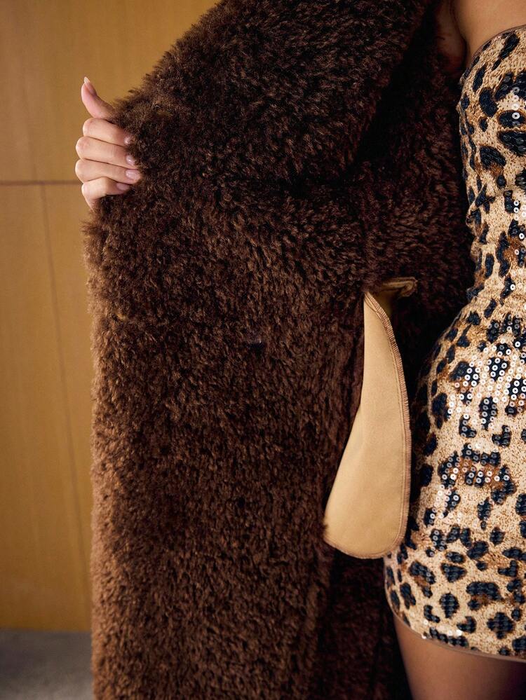 DOUBLE BREASTED BELTED FAUX FUR COAT