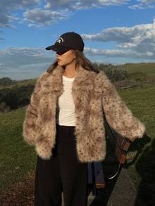 DAZY 女士动物纹长袖翻领宽松人造毛皮夹克女式外套 - 咖啡棕 - 查看 3