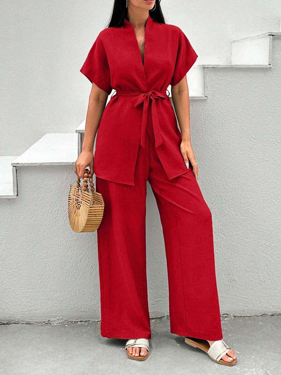 EURMUSE Casual Solid Color Shirt & Pants Set - Red - View 1