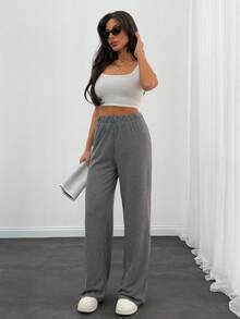 EURMUSE Casual Style, Shinny Rib Elasticated Belt Pant - Grey - View 6