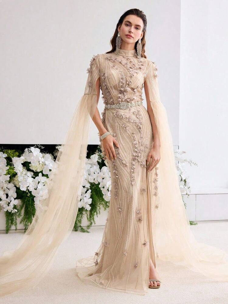 MOTF Soiréza GORGEOUS EXTRA-LONG SLEEVES FLORAL APPLIQUE SPLIT THIGH BEADED FORMAL DRESS EVENING GOWN