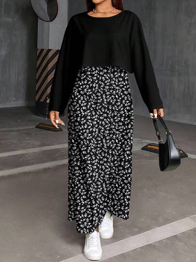 SHEIN Essnce 2pcs/Set Plus Size Women Floral Print Round Neck Long Sleeve T-Shirt & Spaghetti Strap Dress, Casual Holiday Outfit, Autumn/Winter,Fall Clothes For Women Floral Skirt Long Floral Skirt