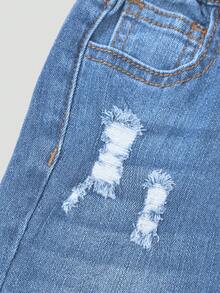 SHEIN Sparklyn Young Girl Medium Wash Blue Distressed Jeans, Fashionable Fall Winter - Medium Wash - View 9
