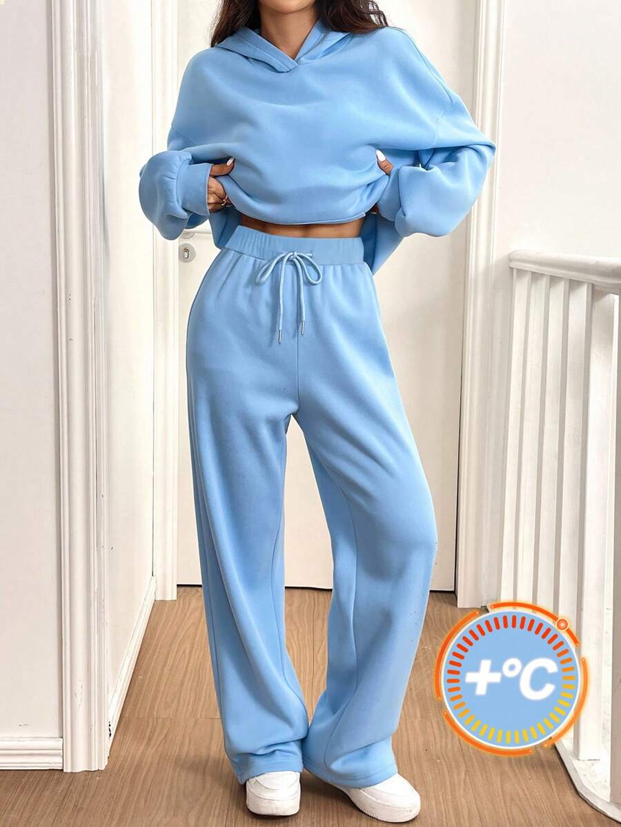 Muchica 2 件套浅蓝色休闲保暖连帽运动衫和裤子套装，适合女士，秋冬