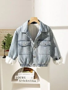 SHEIN Tween Girl Oversized Washed Loose Elastic Waist Denim Jacket And Coat, Patch Pockets, Thermal Lined, Casual And Comfortable For Autumn/Winter Fall - Light Wash - View 3
