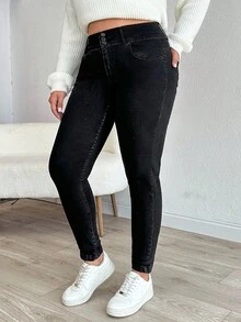 RueChic 97% CottonWOMEN PLUS SIZE SKINNY HIGH WAIST JEANS - Black - View 5