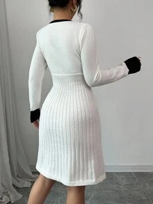 Selianne 1pc High Waist Apricot Colorblock Knitted Long Sleeve Dress With Black Bowknot , Round Neck, Autumn/Winter Fall Cloth For Women - Multicolor - View 2