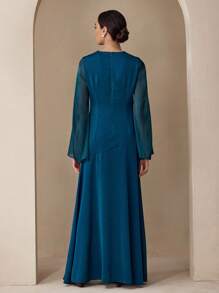 Graceveil Autumn Satin Shiny Patchwork Ruffle Collar Blue 3D Floral Decor Extra Long Dress Autumn Long Sleeve Maxi Dress Fall Cloth For Women - Blue - View 6