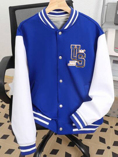 SHEIN Teenager Boys' Casual Bomber Jacket, Baseball Jacket Street Slogan Embroidery Contrast Color Comfortable Patchwork Long Sleeve Baseball Jacket, Suitable For Commuting, School, Daily Casual, Travel, Sports, Party, Autumn/Winter