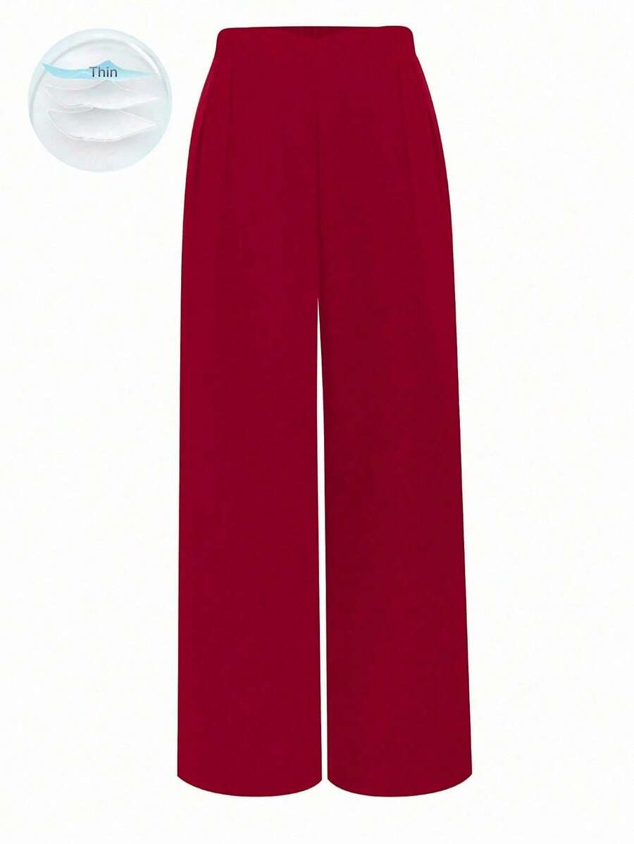 SHEIN Clasi Plus Size Women Elastic Waist Casual Straight Leg Wide Leg Pants Fall Cloth For Women - Red - View 1