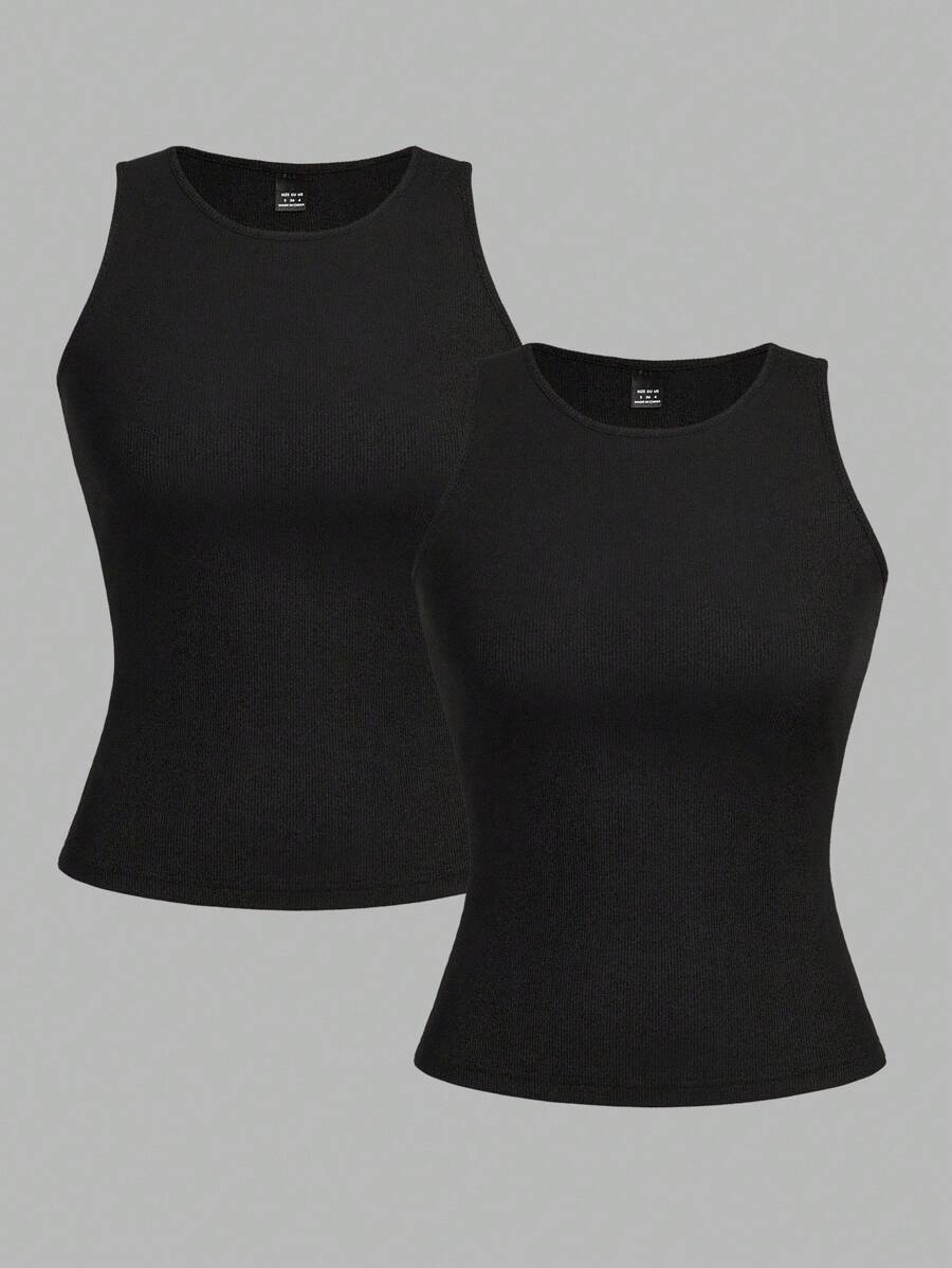 SHEIN EZwear 2 件黑色短款性感紧身吊带背心，适合夏季 - 黑色 - 查看 1