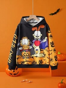 GARFIELD | SHEIN Tween Boy Cute Halloween Cartoon Graphic Long Sleeve Hooded Sweatshirt - Orange - View 1