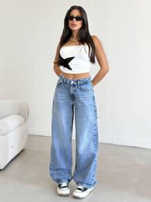 EURMUSE Low Waist Splashing Washed Straight Jeans Damen Hosen Damen Kleidung Y2k Damen Sommerkleidung Damen Sommerkleidung - Mittele Waschung - Übersicht 3