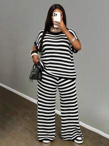 Slaydiva Autumn & Winter New Arrivals, Women Plus Size Sweater Set - Black and White - View 5