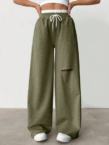 CasuGlow Drawstring Waist Cut Out Casual Sweatpants - Olive Green - View 9