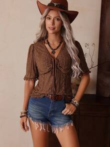 LanaWest 女士针织提花蕾丝纹理短袖T恤 - 咖啡棕 - 查看 4