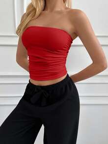 EURMUSE 2pcs Women's Solid Color Ruched Cropped Fitted Fashionable Bandeau Tops - Multicolor - View 6