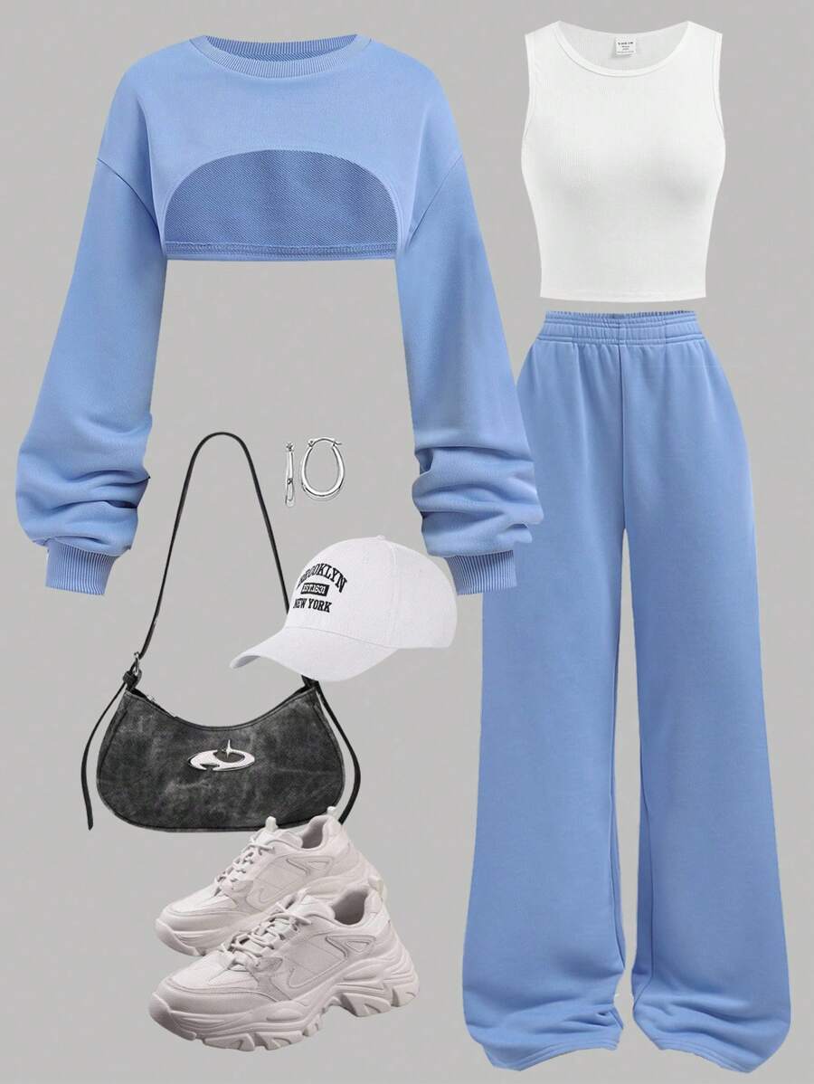 Girlism 青少年女孩三件套休闲装 - 纯色蓝白撞色短款连帽衫、吊带背心和长袖工装裤 - 藍色 - 查看 1