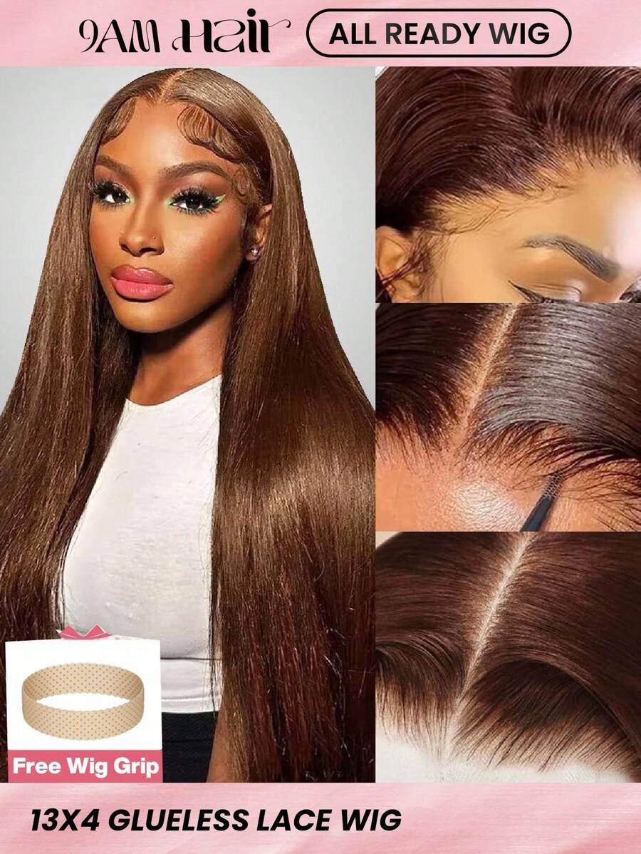 ALL READY WIG Glueless13x4 Chocolate Brown Lace Front Wigs Human Hair With Baby Hair 180 Density Straight Lace Frontal Human Hair Wigs Pre Plucked Hairline 4# Brown Wig 26 Inch - S4 - View 1