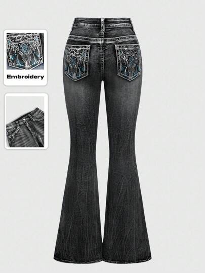 Jeans taille basse en denim style hippie avec broderie de style cowgirl pour femmes