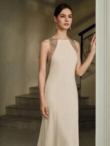 Anewsta Women's High-End Custom Beaded Luxurious Shoulder-Revealing Dress