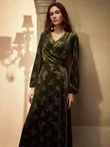 MOTF PREMIUM VELVET JACQUARD LANTERN SLEEVE DRESS - Olive Green - View 2