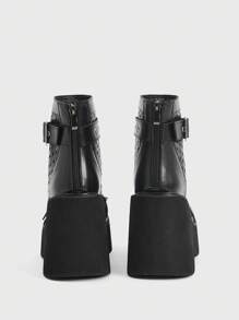 Sugerpunk 女士舒适透气踝靴，适合休闲派对，哥特式金属扣双带后拉链设计，黑色朋克风厚底粗跟踝靴，夏季必备 - 黑色 - 查看 9