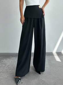 Firerie Pantalones envolventes negros sencillos y elegantes para mujer, de uso casual y para la oficina, de pierna ancha y suelta, adecuados para verano y otoño, con decoración de hebilla metálica en la cintura, para aeropuerto, vacaciones, profesora