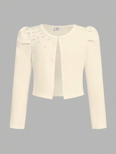 Tween Girls Textured Knit Fabric Sweet Puff Sleeve Elegant Short Jacket With 3D Pearl Decor On Shoulders Fall Winter