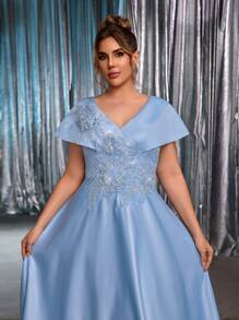 Glamrae 加大码优雅浪漫奢华 3D 花卉设计缎面喇叭袖长裙，适合晚会、约会、舞会、毕业典礼、婚礼、正式场合（重磅装饰） - 藍色 - 查看 5