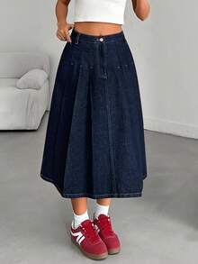 EURMUSE Solid Color Slant Pocket Fold Pleated Denim Midi Skirt Raw Wash - Dark Wash - View 6