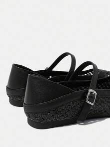 女士圆头低跟黑色编织网眼面料时尚简约优雅杏色扣平底鞋，适合万圣节、圣诞节、秋季 - 黑色 - 查看 6